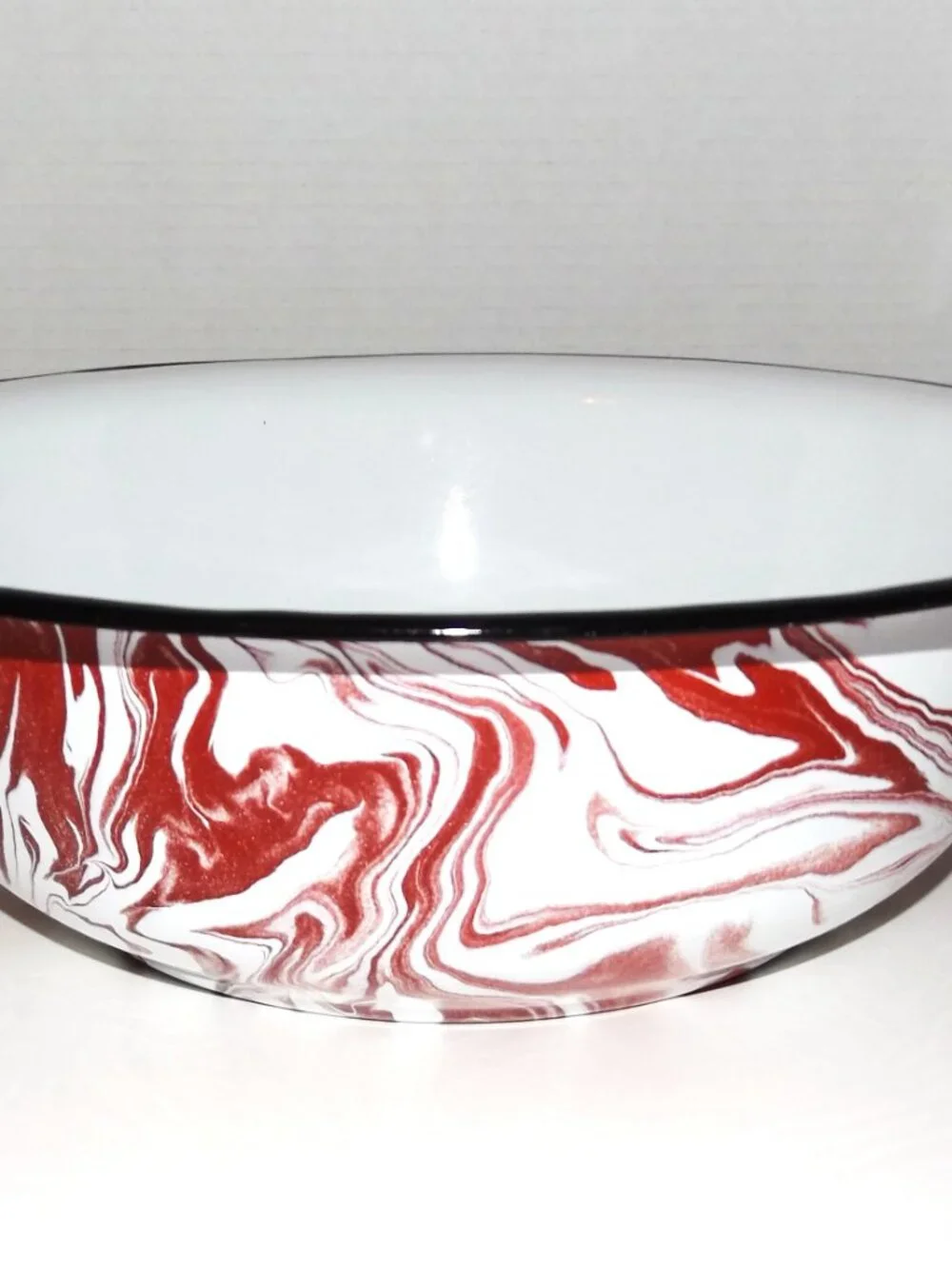 Vintage 12 ½” Red Swirl Enamelware Bowl Black Rim w/Rack Marks